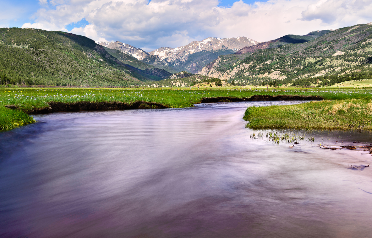 A stream meanders through a valley in Rocky Mountain National Park
