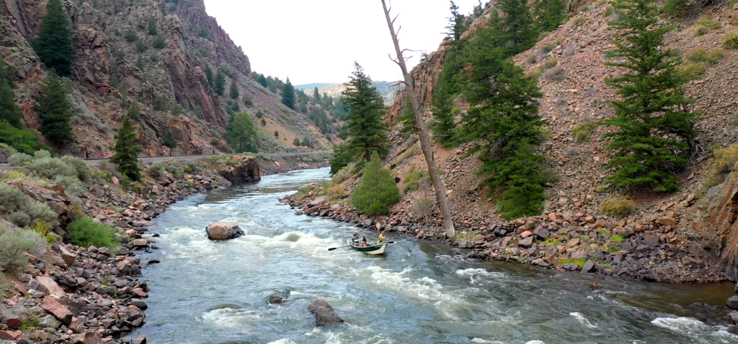 fly fishing anglers in a drift boat float down the upper Colorado River to fish for native rainbow and brown trout