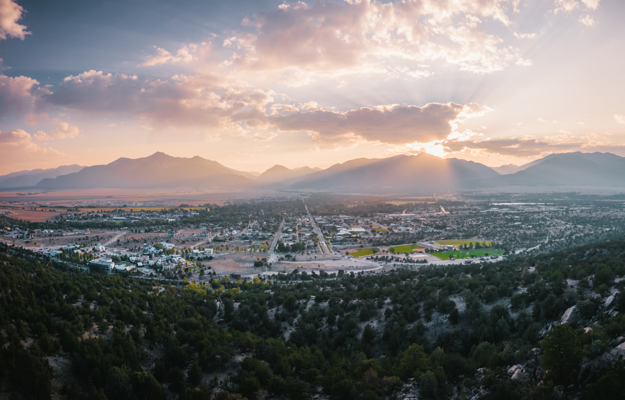 aerial view of buena vista, colorado at sunset