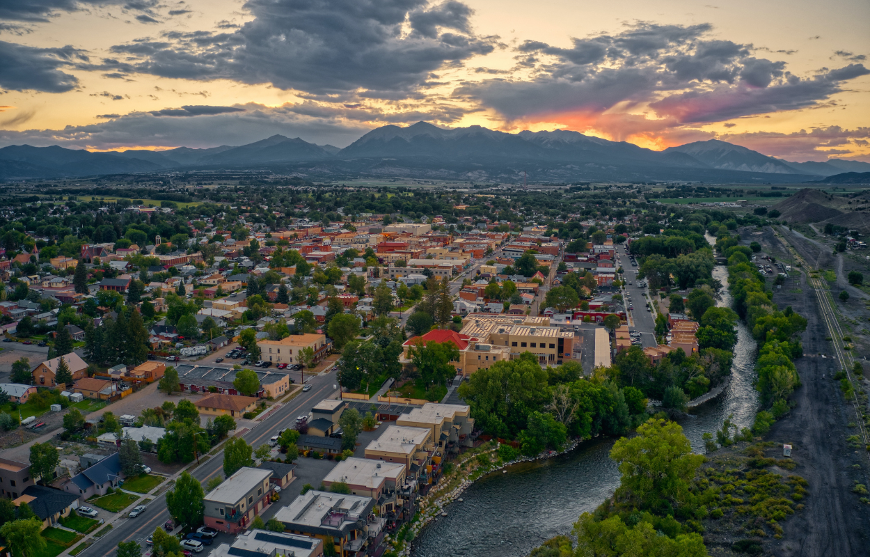 aerial view of salida colorado with the Arkansas River running through town