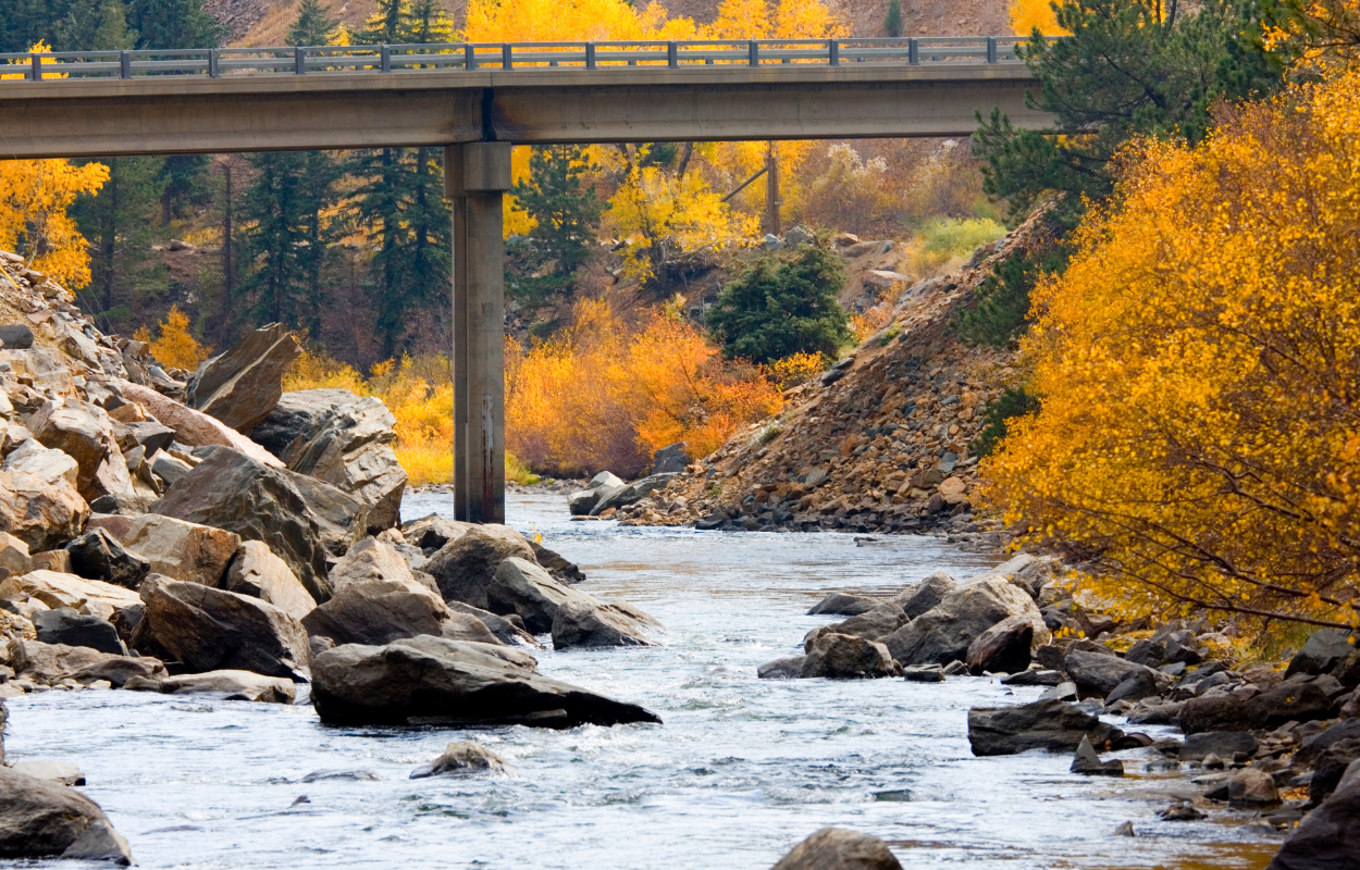 clear creek, colorado in the fall with yellow trees