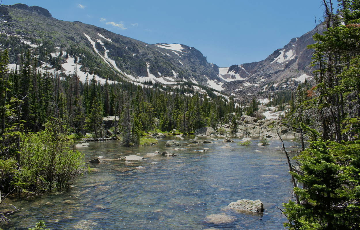 Fly fishing lake in rocky mountain national park. 