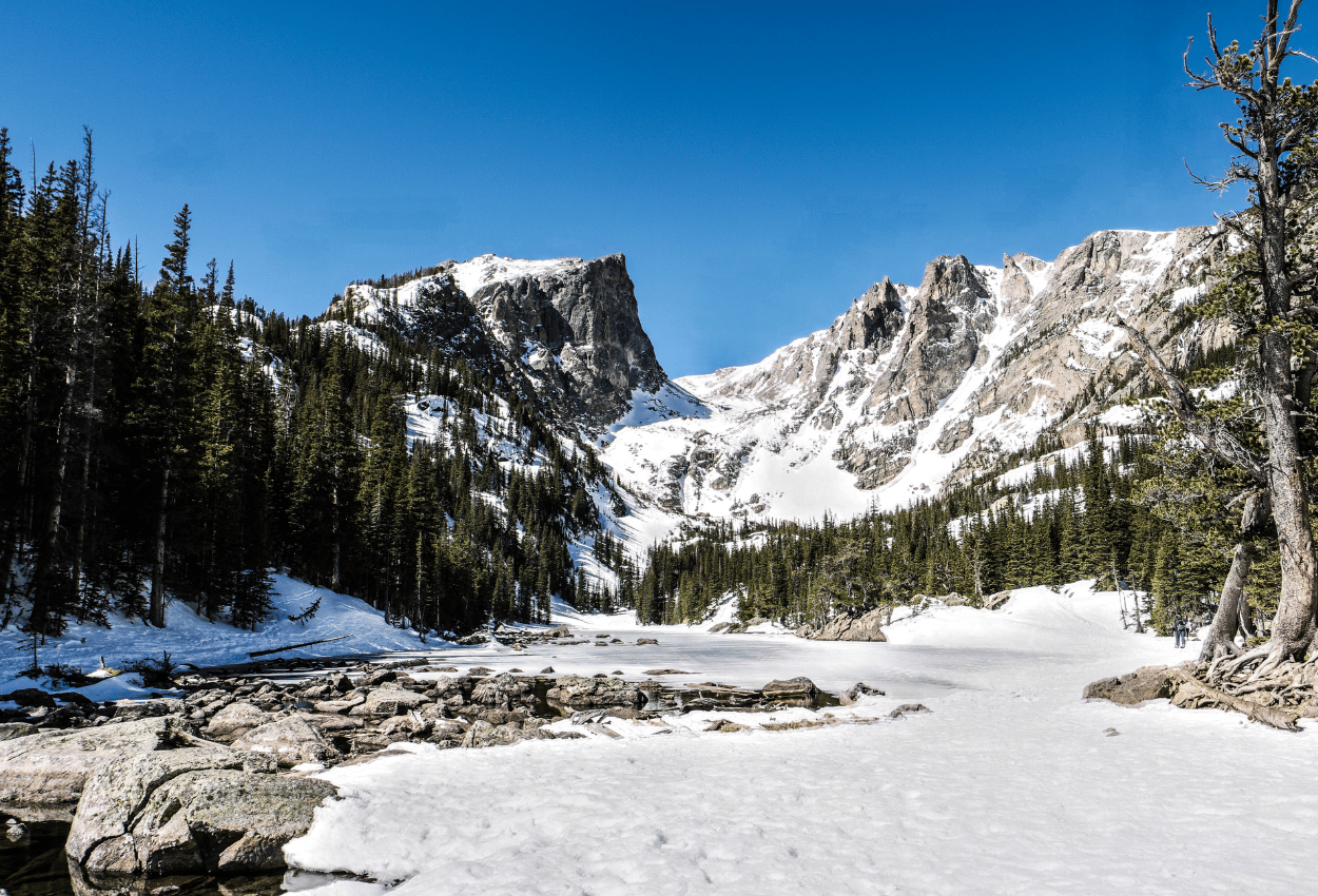 Emerald lake landscape in RMNP during winter.